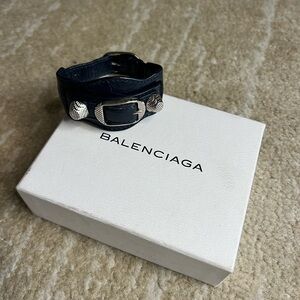 Balenciaga Navy Leather Bracelet with Silver Accents